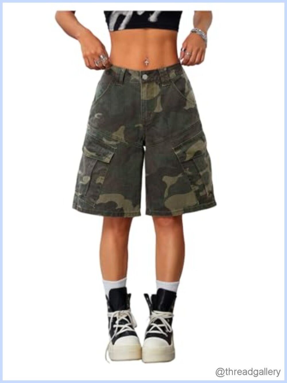 WDIRARA Women's Camo Denim Cargo Shorts Wide Leg Bermuda